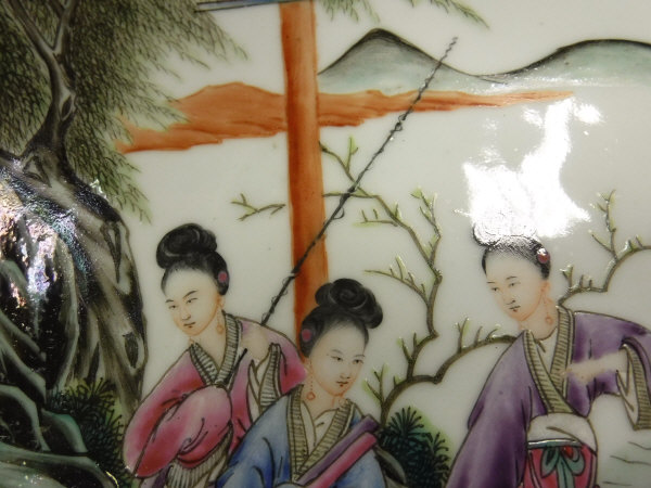 A Chinese polychrome decorated charger depicting four women fishing by lakeside, - Image 6 of 23