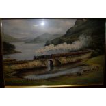 AFTER DON BRECKON "Steam train over bridge", colour print,