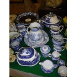 A collection of various blue and white wares including Wedgwood fallow deer jug,