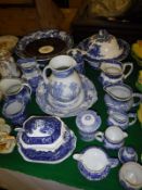 A collection of various blue and white wares including Wedgwood fallow deer jug,