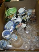 A box of various china and glass wares to include decanter and drinking glasses, jars and covers,