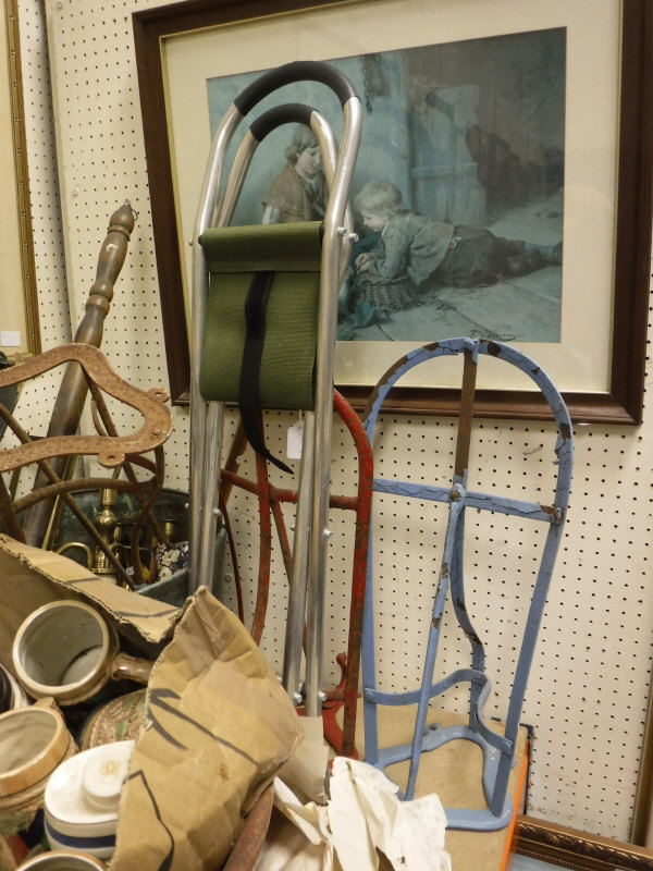 A collection of sundry metal wares to include three saddle racks, folding seat, steins, glassware, - Image 2 of 19