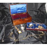 A 19th Century mahogany jewellery box containing various 9 carat gold necklaces and various costume
