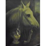 V I NIKOLAEV (20th Century) "Kolka and Dawn", study of a child with horse in a stable,