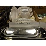 Four boxes of various glass ware, china ware, kitchen wares, fish kettles,