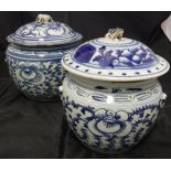 Two 19th Century Chinese blue and white pots and covers, one with insect finial,
