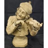 A pair of Continental buff ware terracotta figures or figural busts of a fiddle player and mandolin