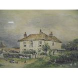 A HILLMORE "Farmhouse with chickens and pigs in foreground", watercolour,