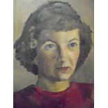 20TH CENTURY ENGLISH SCHOOL "Lady in red sweater", a portrait study, oil on board,