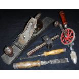 A box of various wood-working tools including a Falcon No.