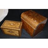 A Victorian walnut and parquetry inlaid tea caddy (interior missing) and a late Victorian burr