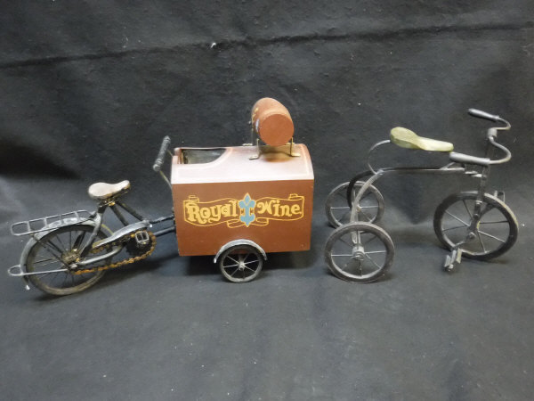 A model tricycle and a model wine delivery bicycle unit with wine holder inscribed "Royal Wine" and