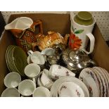 A box of various china wares to include J G Meakin floral decorated coffee set,