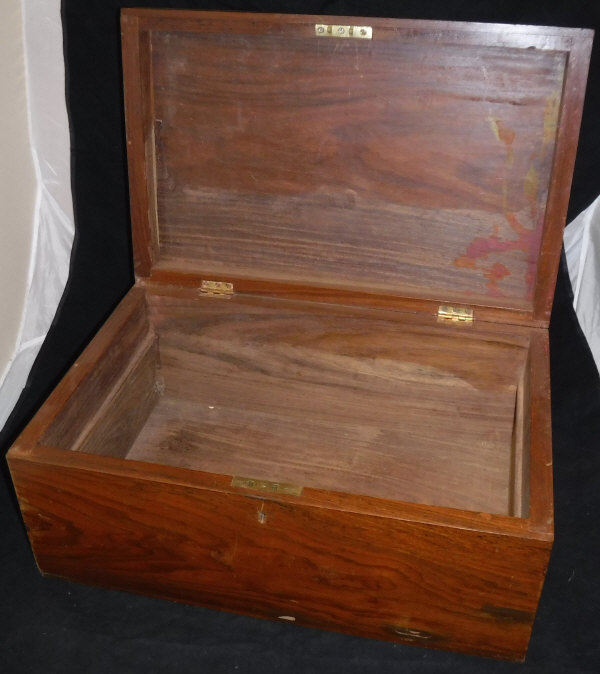 A heavy leather horn case and a plain treen ware box