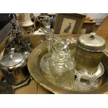 WITHDRAWN Two boxes of sundries to include plated egg cruet and other plated wares,