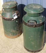 Two green painted milk churns,