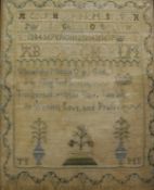 MARGARET YOUNG sampler with alphabet and script entitled "TY/MY" and signed and dated July the 17