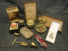 A box of sundry items to include copper photo frames, various cameras, a white metal card case,