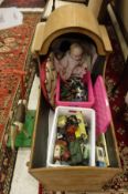 A 19th Century pine cot together with assorted toys to include a vintage painted child's push-along