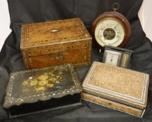 A Victorian walnut and parquetry inlaid jewellery box, the lid opening to reveal a fitted interior,