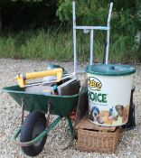A collection of garden items to include sack trucks, kick step, garden equipment,