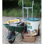 A collection of garden items to include sack trucks, kick step, garden equipment,