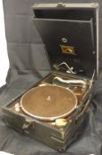 An HMV portable gramophone model 101 inscribed on the ivorine disc to the interior "Quote no