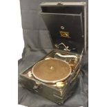 An HMV portable gramophone model 101 inscribed on the ivorine disc to the interior "Quote no
