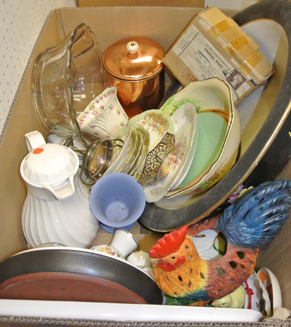 A box of assorted sundry china and glass ware