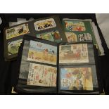 Three photo albums containing various vintage humorous seaside postcards and reproduction 1920's