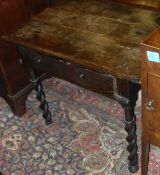 A 17th Century oak single drawer side table on barley twist supports (with alterations)