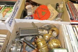 A box containing assorted metal wares to include plated cutlery, copper kettle,