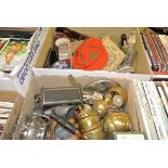 A box containing assorted metal wares to include plated cutlery, copper kettle,