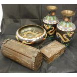 A collection of metal ware to include two cloisonne vases,