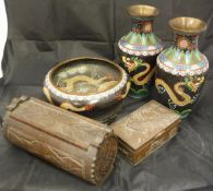 A collection of metal ware to include two cloisonne vases,