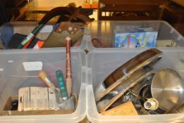 Four boxes of assorted tools and household sundry items to include saws, saucepans, tile cutter etc,