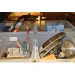 Four boxes of assorted tools and household sundry items to include saws, saucepans, tile cutter etc,