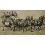 RAOUL MILLAIS "Horse drawn carriage", charcoal heightened in white,