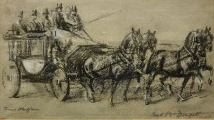 RAOUL MILLAIS "Horse drawn carriage", charcoal heightened in white,