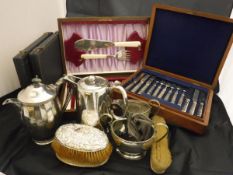 A cased set of six silver handled knives and forks with silver blades and tines (Moses Brent London