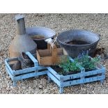 Two painted swing handled cooking pans together with a metal water vessel,