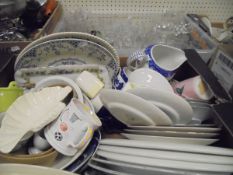 Three boxes of assorted sundry china, metal and glass wares,