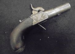 A 19th Century percussion pistol with bag shaped butt and the lock inscribed Manalu Ollerton