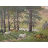 FLORA EGERTON "Horses in a landscape with cottage by lake", watercolour,
