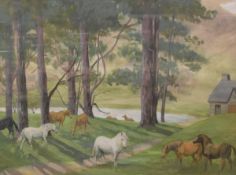 FLORA EGERTON "Horses in a landscape with cottage by lake", watercolour,
