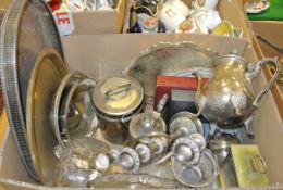 A box of assorted plated wares to include cutlery,
