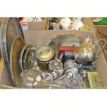 A box of assorted plated wares to include cutlery,