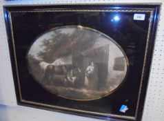 AFTER GEORGE MORLAND "Figures by stable door", colour print in verre eglomise frame,