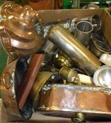 A box of assorted metal wares to include pewter tankards,