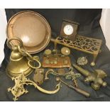 A collection of various horse brasses, a small set of postal scales and weights,